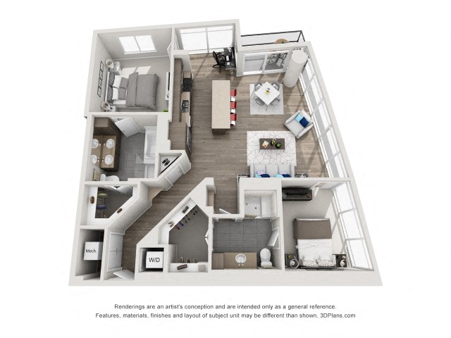 Floor plan for 2 beds, 2 baths, 1382 sqft